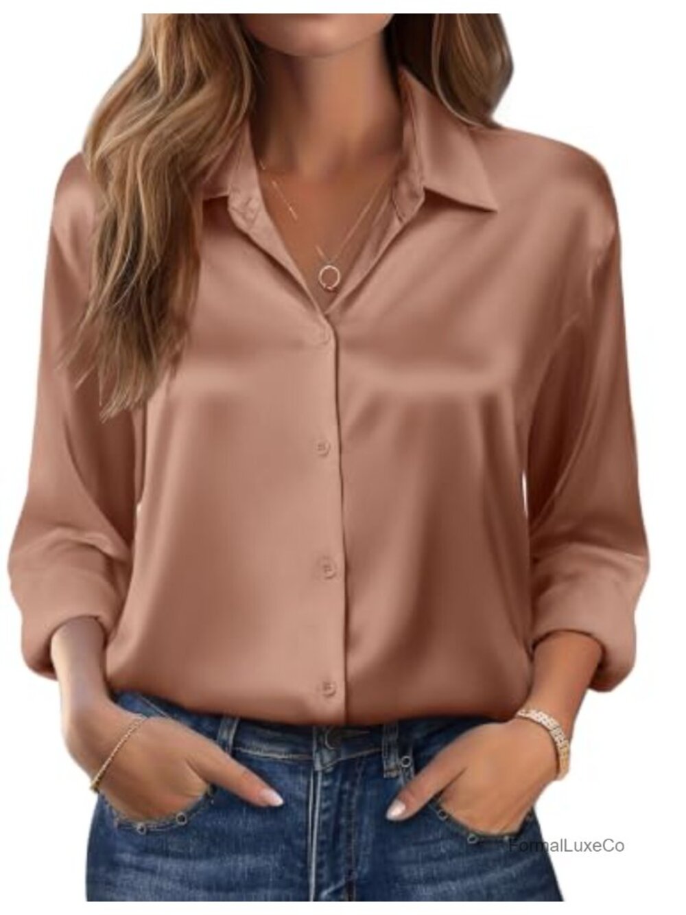 Satin Silk Button Down Blouse Long Sleeve Loose Fit Tunic Work Top